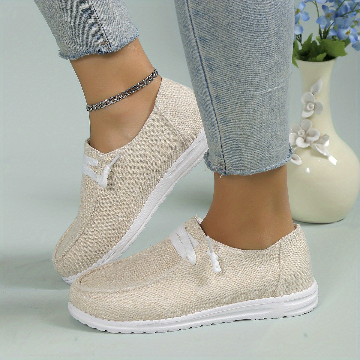 Women's Lightweight Slip On Sneakers, Solid Color Lace Up Flat Shoes, Women's Canvas Shoes