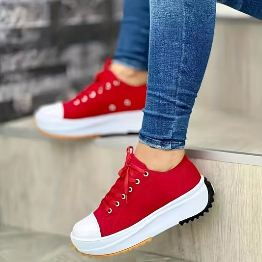 Women's Platform Canvas Sneakers, Solid Color Lace Up Low Top Trainers, Casualall-Match Walking Shoes