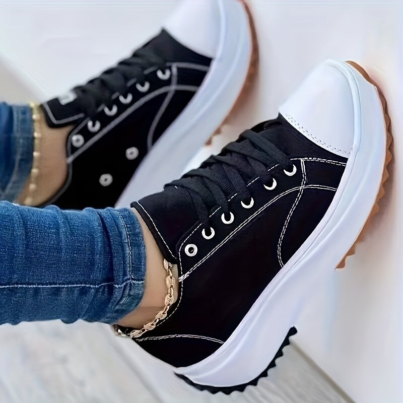 Women's Platform Canvas Sneakers, Solid Color Lace Up Low Top Trainers, Casualall-Match Walking Shoes