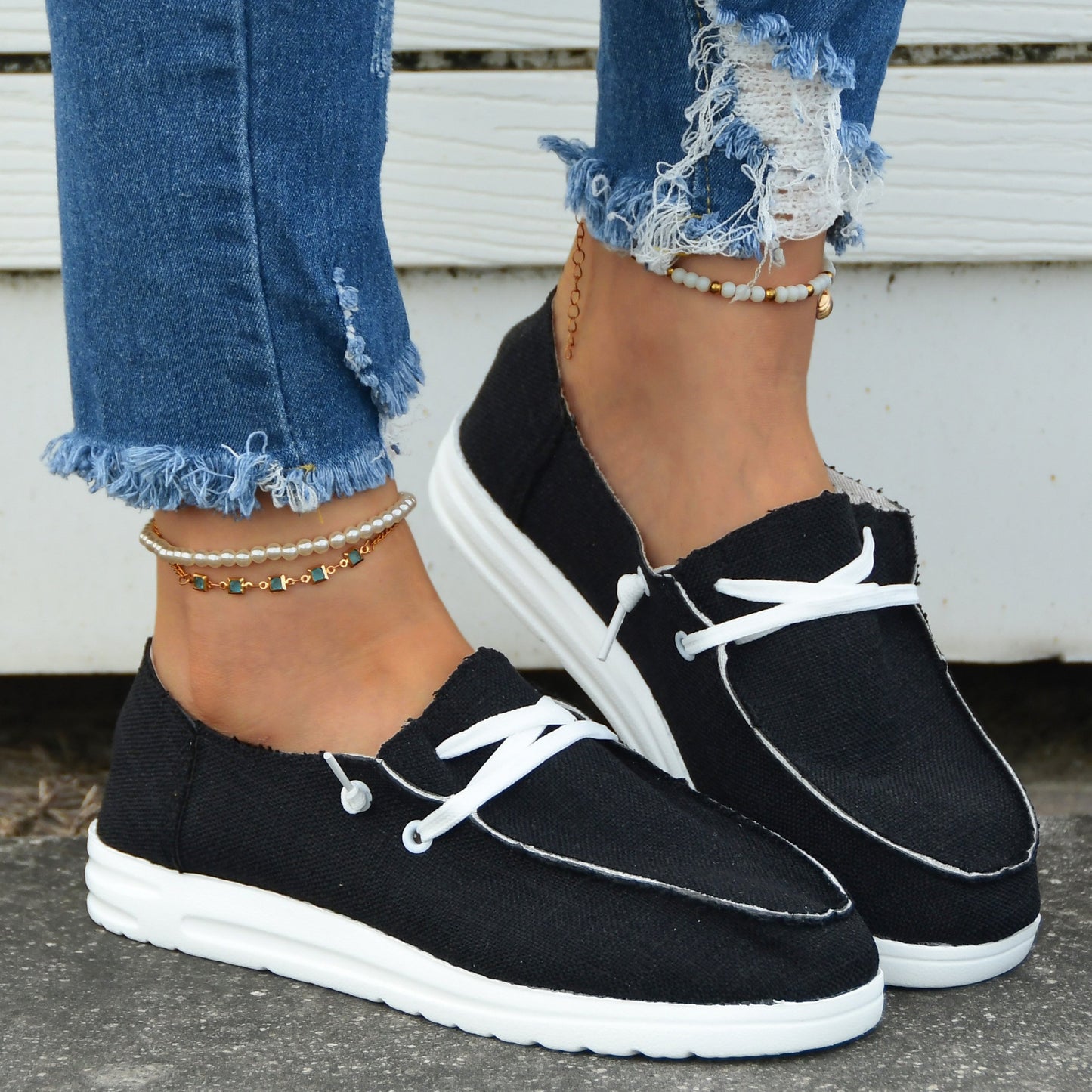 Casual Flat Canvas Shoes, Round Toe Lace Up Low Top Walking Flats, Women's Footwear