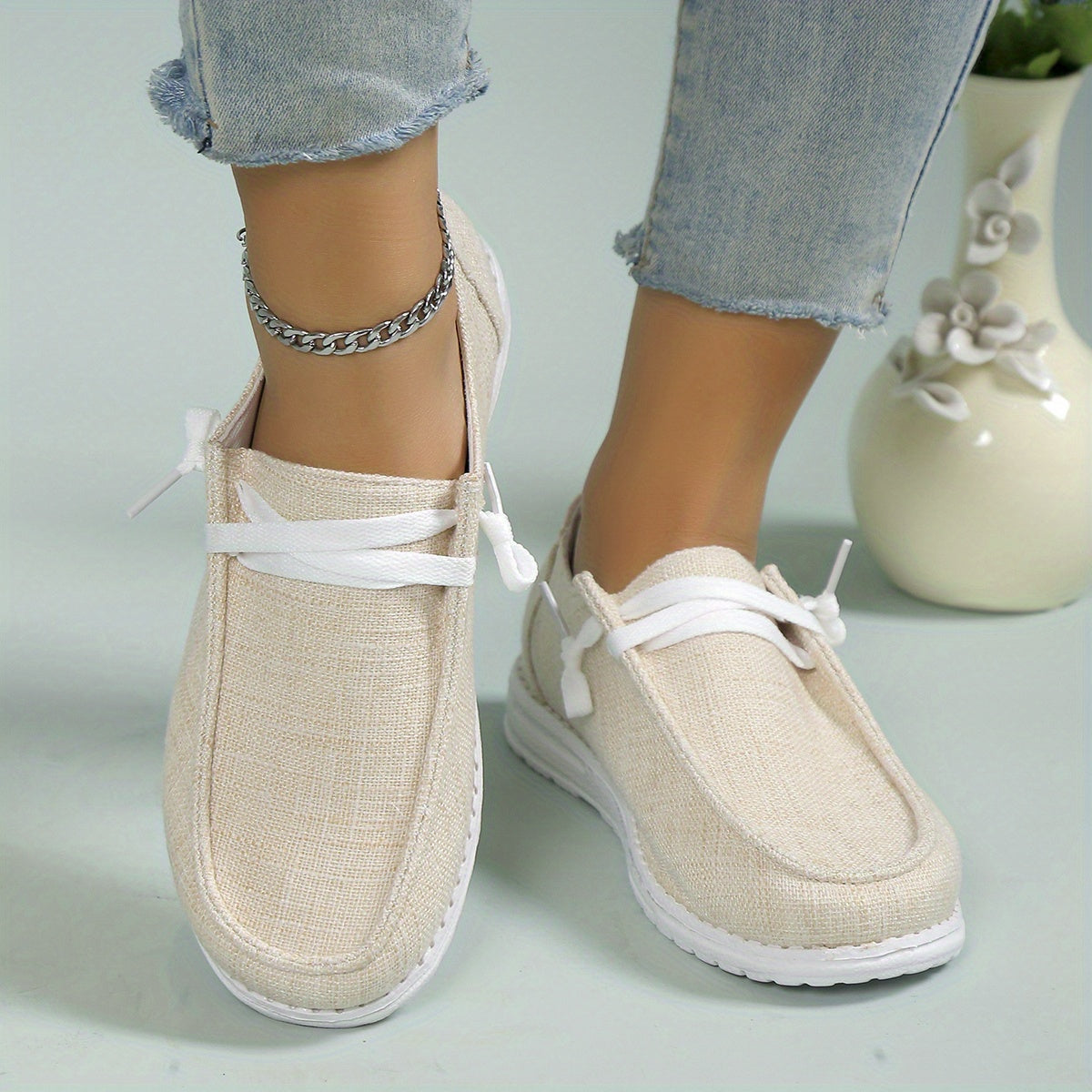 Women's Lightweight Slip On Sneakers, Solid Color Lace Up Flat Shoes, Women's Canvas Shoes