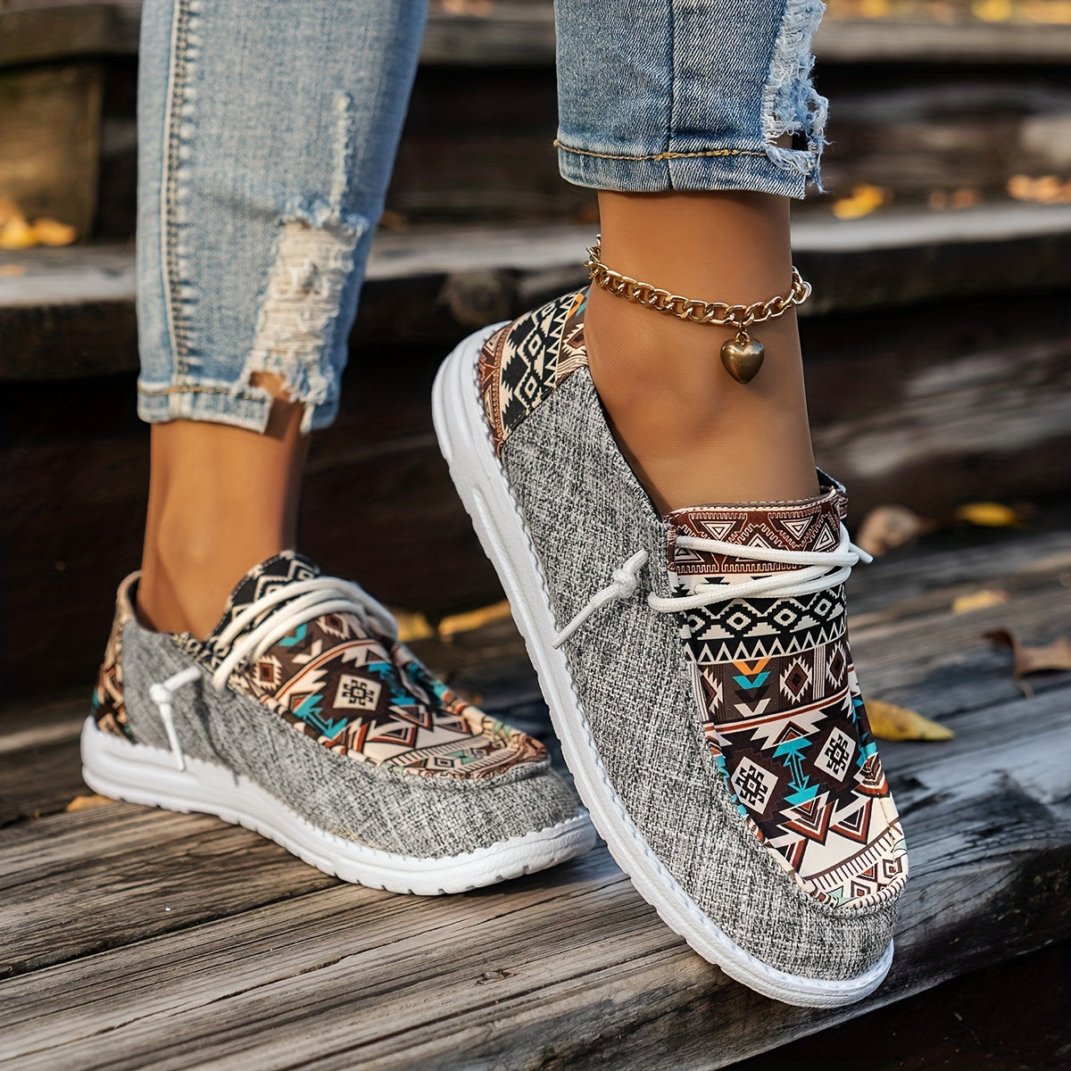 Women's Geometric Print Loafers, Soft Sole Lightweight Flat Slip On Shoes, Low-top Versatile Canvas Shoes